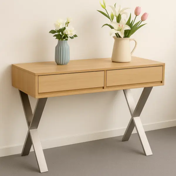 【MIT台灣製造｜實木工廠直營｜北歐現代風實木桌】實木書桌｜玄關桌｜北歐風工作桌｜不鏽鋼X腳造型桌