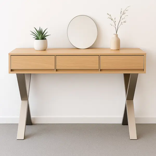 【MIT台灣製造｜實木工廠直營｜北歐現代風實木桌】實木書桌｜玄關桌｜北歐風工作桌｜不鏽鋼X腳造型桌