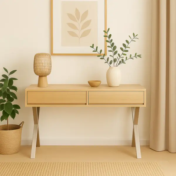 【MIT台灣製造｜實木工廠直營｜北歐現代風實木桌】實木書桌｜玄關桌｜北歐風工作桌｜不鏽鋼X腳造型桌