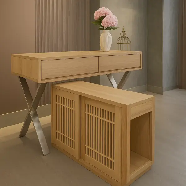 【MIT台灣製造｜實木工廠直營｜北歐現代風實木桌】實木書桌｜玄關桌｜北歐風工作桌｜不鏽鋼X腳造型桌