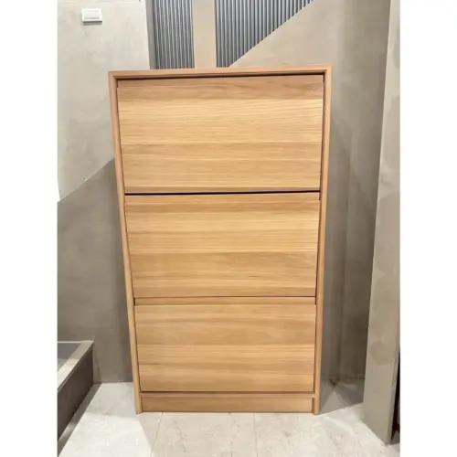 極薄型實木下掀鞋櫃｜非洲櫻桃木｜60cm 三層掀門・16cm 深度・小玄關收納鞋櫃