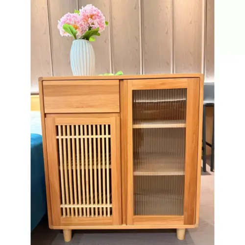 北歐實木雙門收納櫃｜長虹玻璃＋格柵門｜原木櫃｜餐邊櫃｜玄關櫃