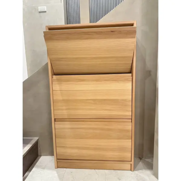 極薄型實木下掀鞋櫃｜非洲櫻桃木｜60cm 三層掀門・16cm 深度・小玄關收納鞋櫃