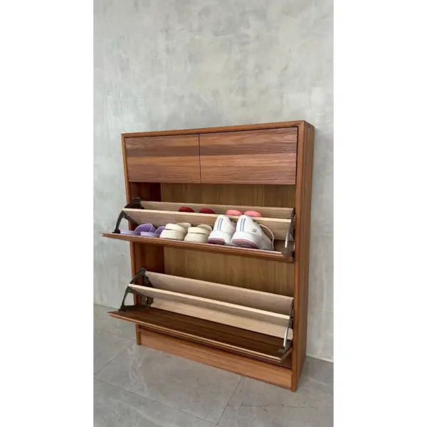 北歐實木掀門鞋櫃｜非洲櫻桃木｜80cm 薄型鞋櫃・雙抽＋雙下掀・玄關收納櫃