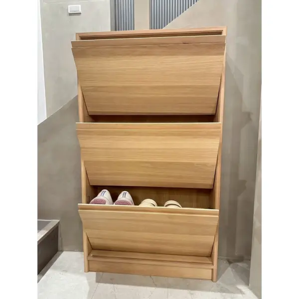 極薄型實木下掀鞋櫃｜非洲櫻桃木｜60cm 三層掀門・16cm 深度・小玄關收納鞋櫃